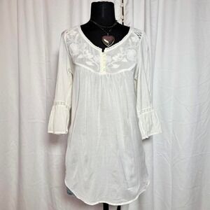 H&M Cream Embroidered Boho Tunic Blouse Size 6 (S)